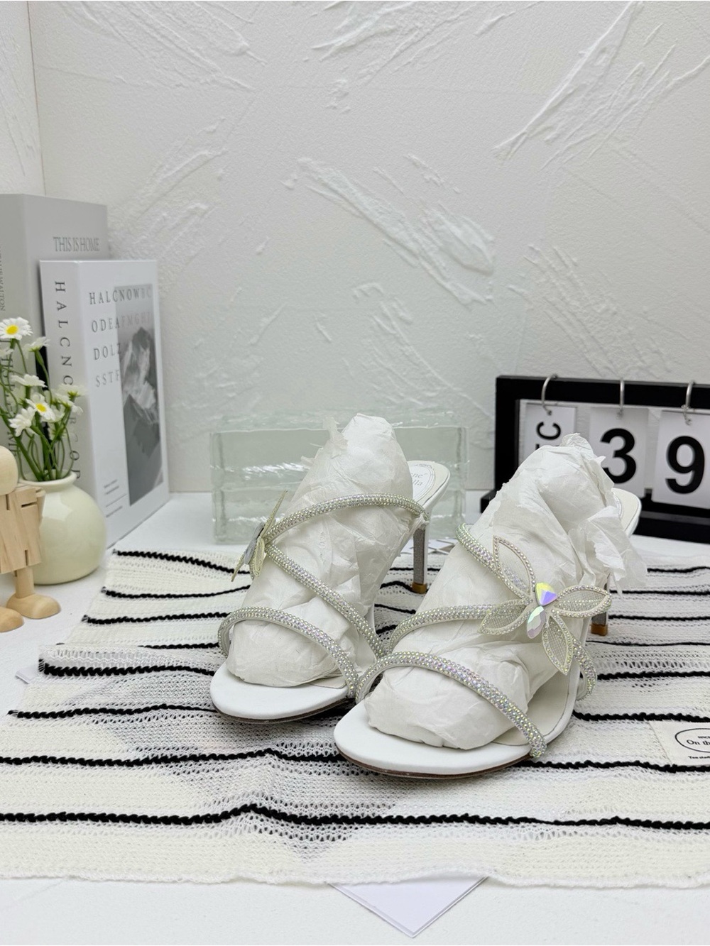 Rene Caovilla White Crystal-Strap Heels with Flower Accent